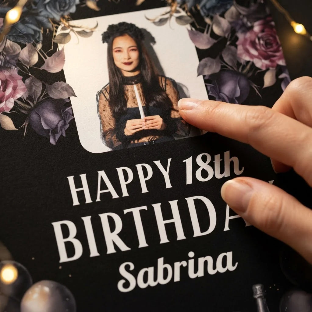 Close-up of the personalised name and photo printed on the Dark Gothic Birthday Party Mega Card