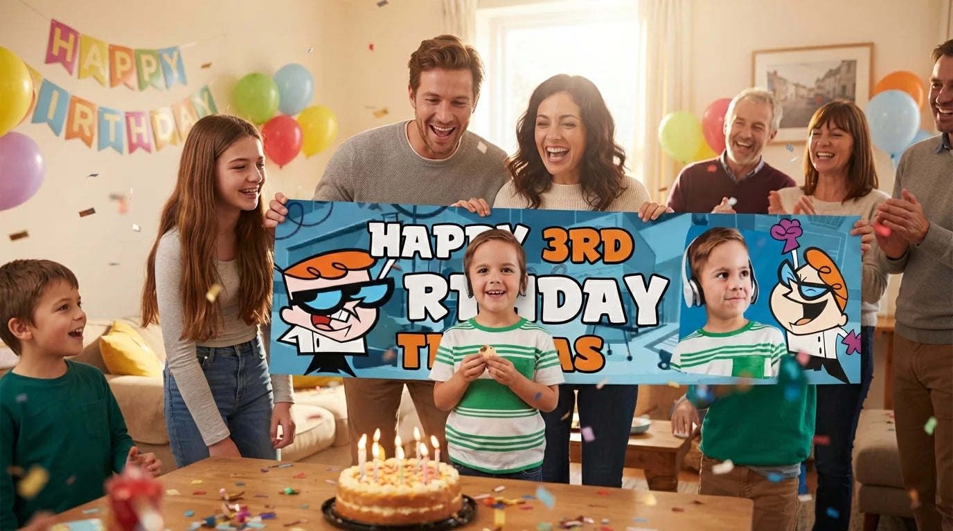Friends and family celebrating with the personalised Dexter's Lab Birthday Banner