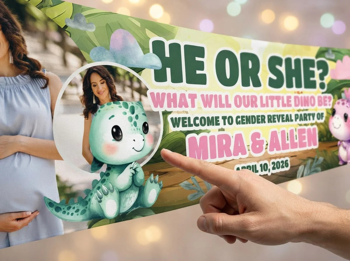 Close-up of the personalised name and photo printed on the Dinosaurs Gender Reveal Party Banner