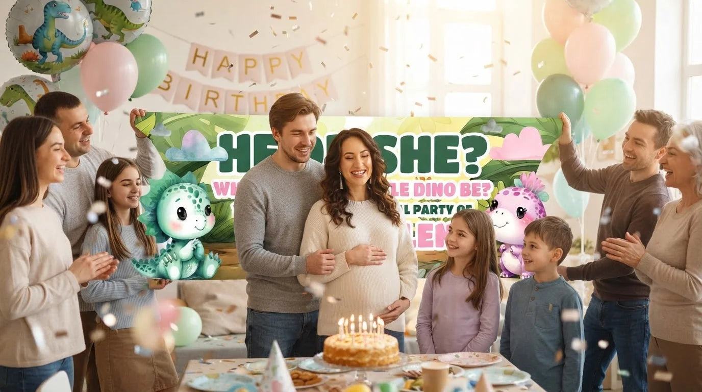 Friends and family celebrating with the personalised Dinosaurs Gender Reveal Party Banner