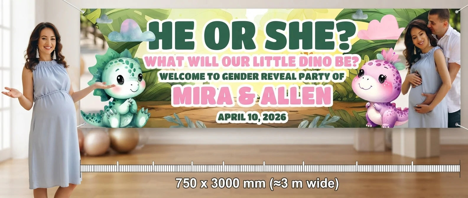 Person standing beside the Dinosaurs Gender Reveal Party Banner for scale, with size guide showing 750 x 3000 mm
