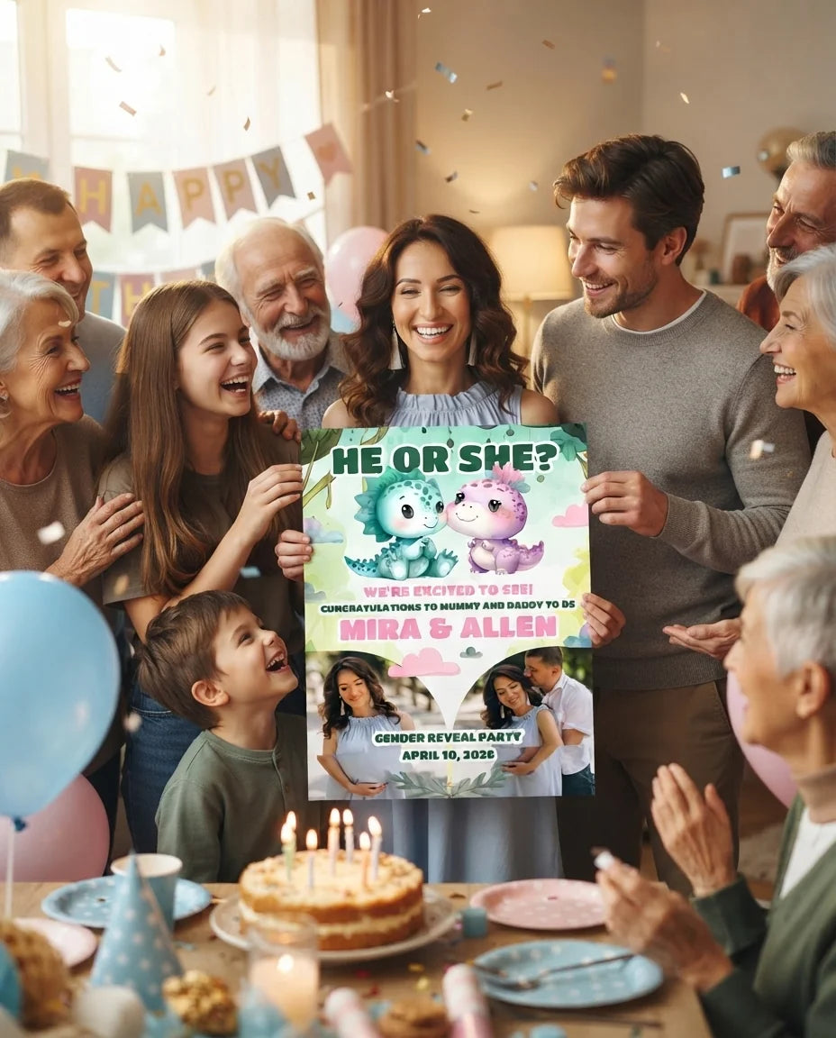 Friends and family celebrating with the personalised Dinosaurs Gender Reveal Party Mega Card