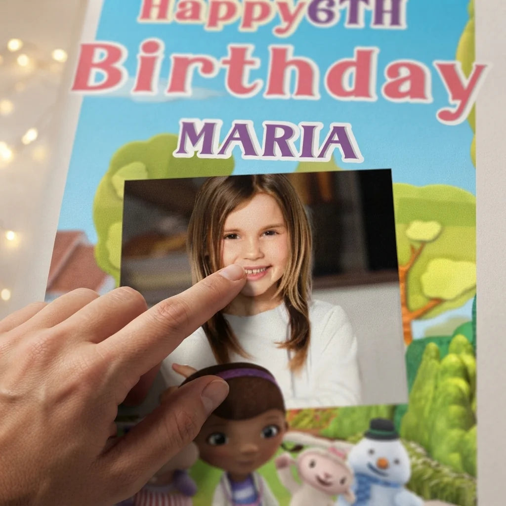 Close-up of the personalised name and photo printed on the Doc McStuffin Mega Card