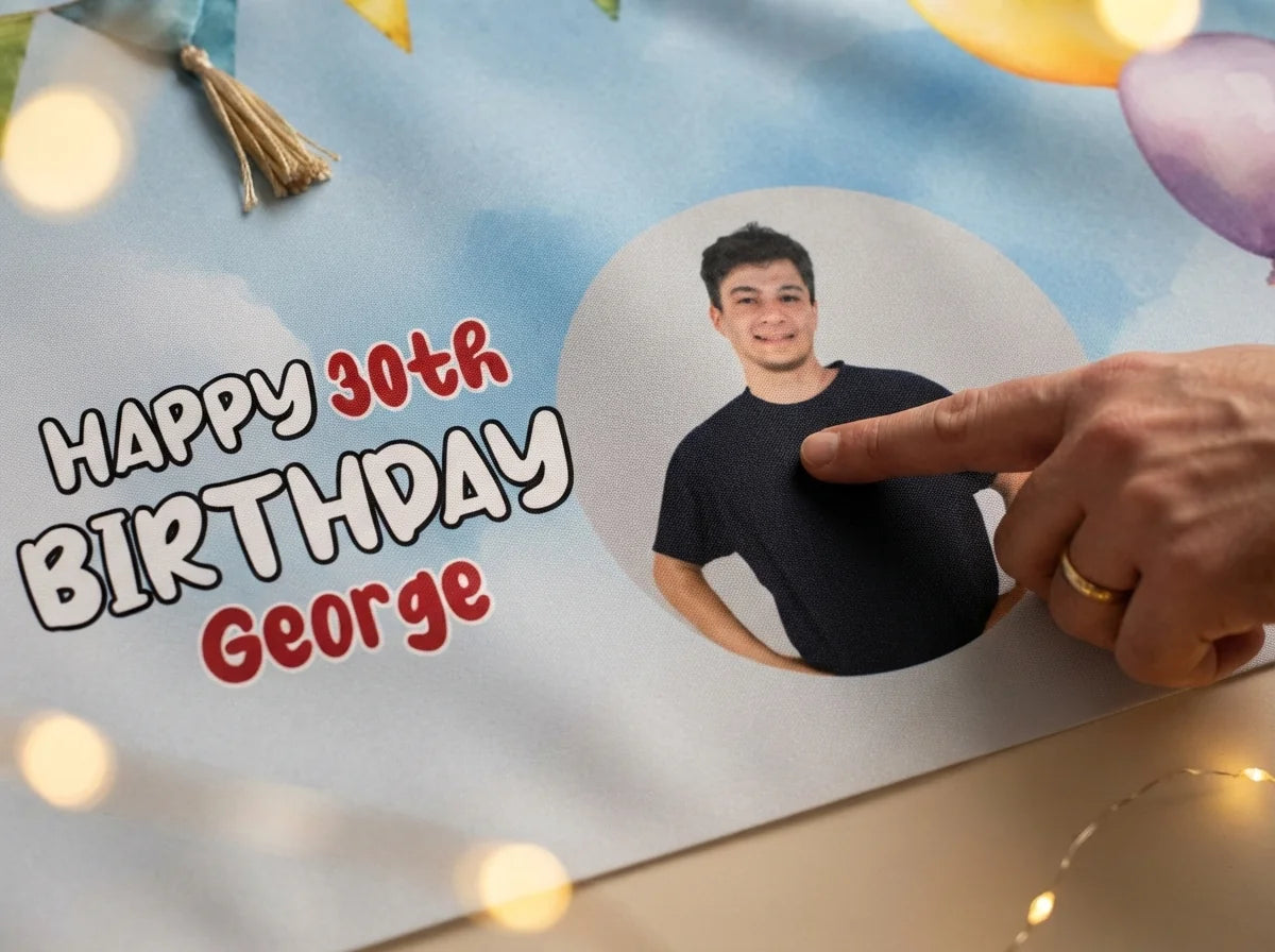 Close-up of the personalised name and photo printed on the Dog Lover Birthday Party Banner