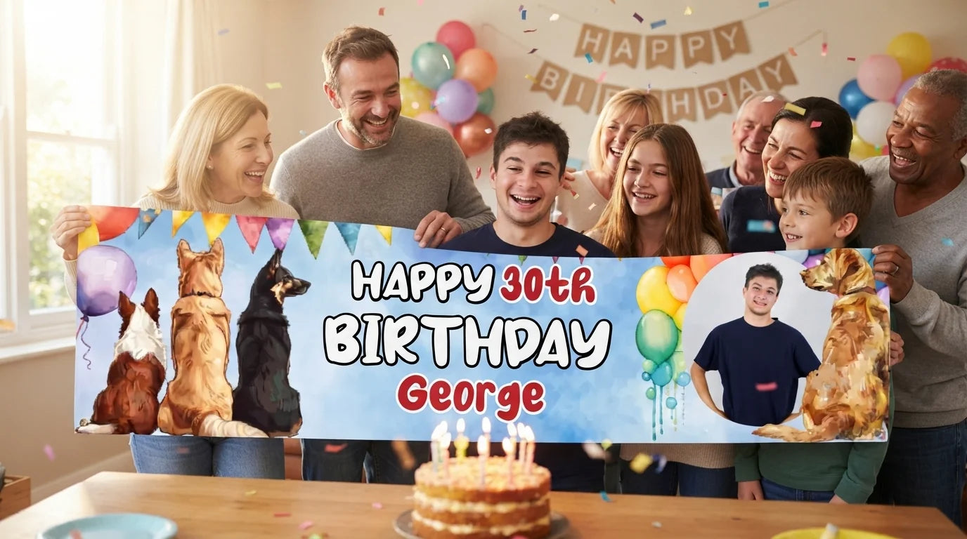Friends and family celebrating with the personalised Dog Lover Birthday Party Banner