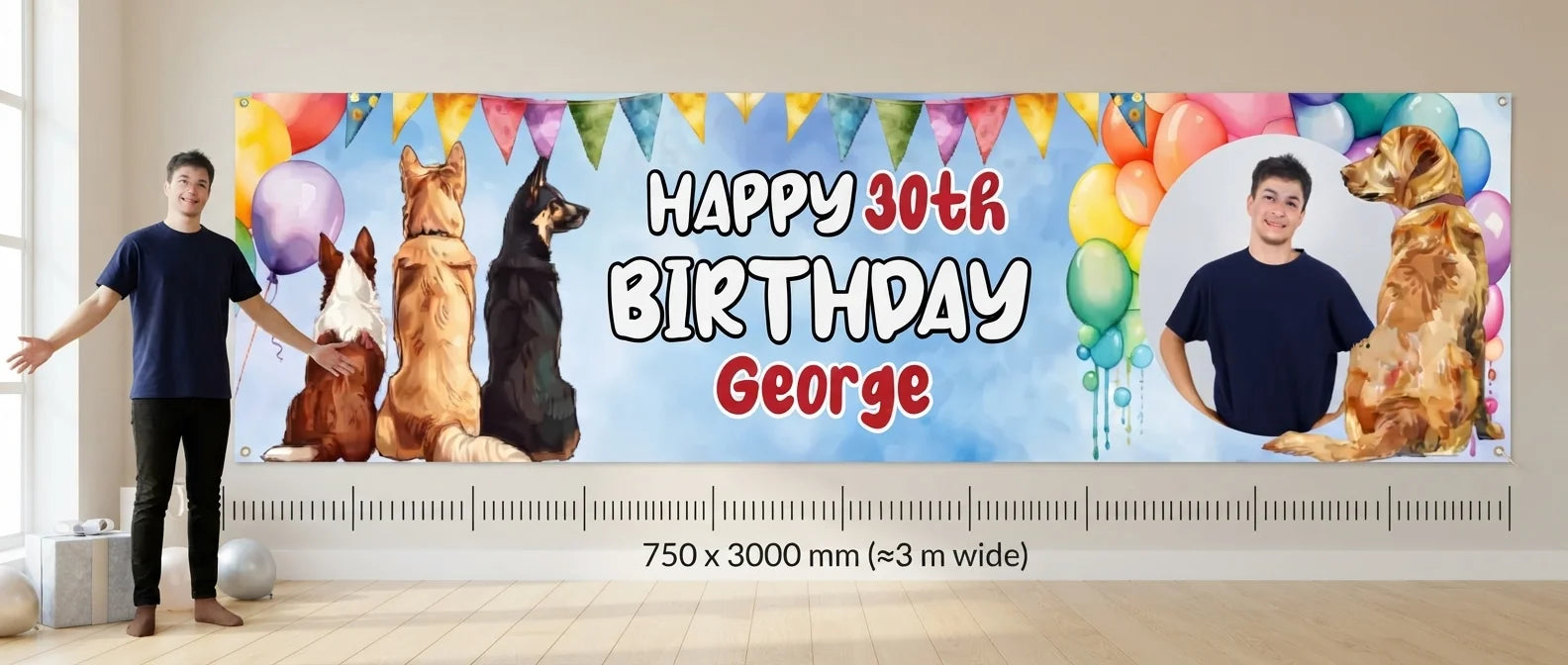 Person standing beside the Dog Lover Birthday Party Banner for scale, with size guide showing 750 x 3000 mm