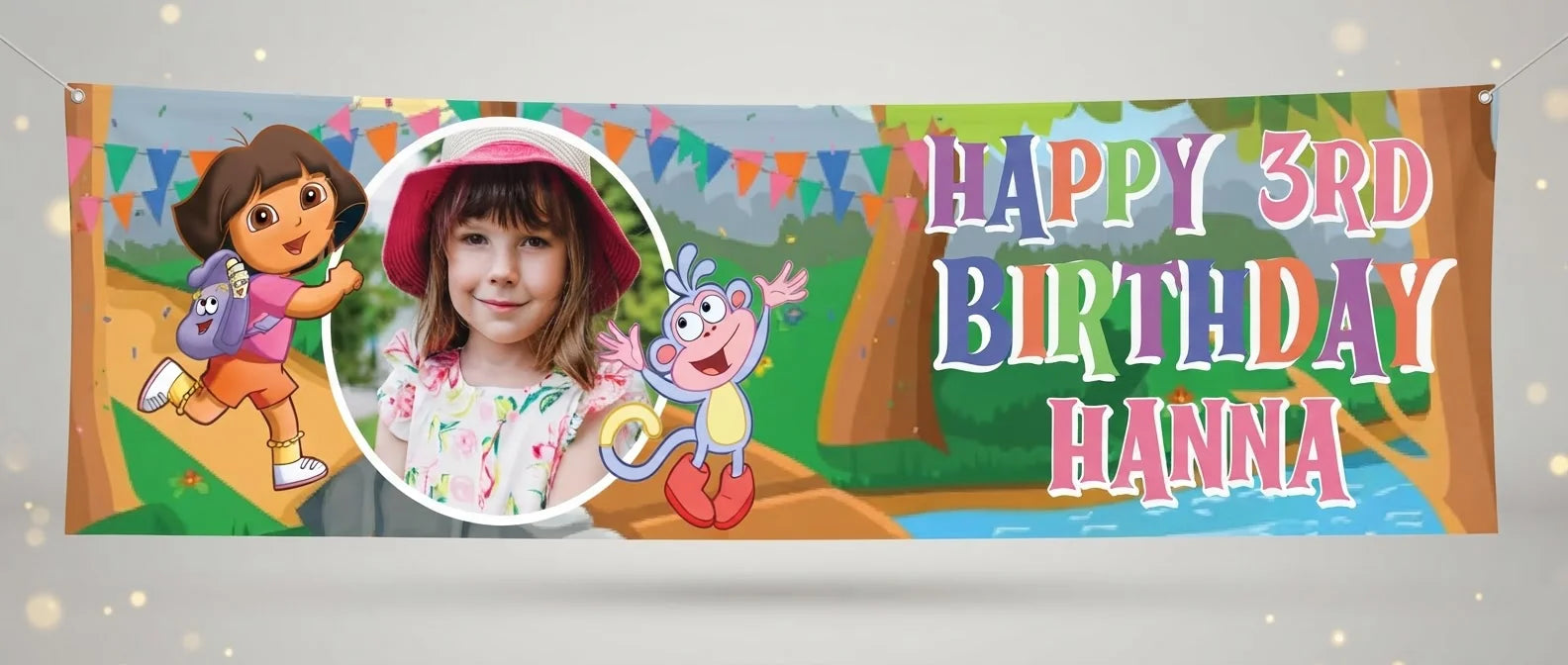 Personalised Dora The Explorer Birthday Banner displayed against a plain studio background