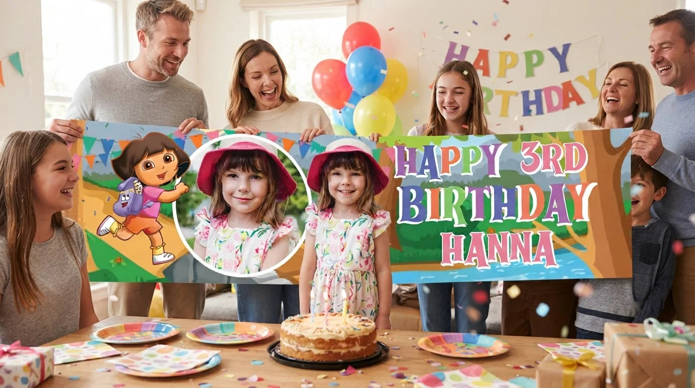 Friends and family celebrating with the personalised Dora The Explorer Birthday Banner