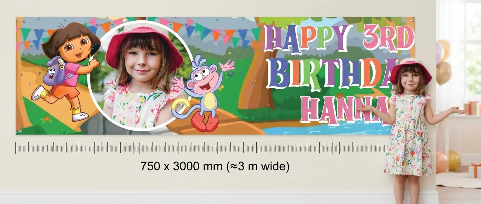 Person standing beside the Dora The Explorer Birthday Banner for scale, with size guide showing 750 x 3000 mm