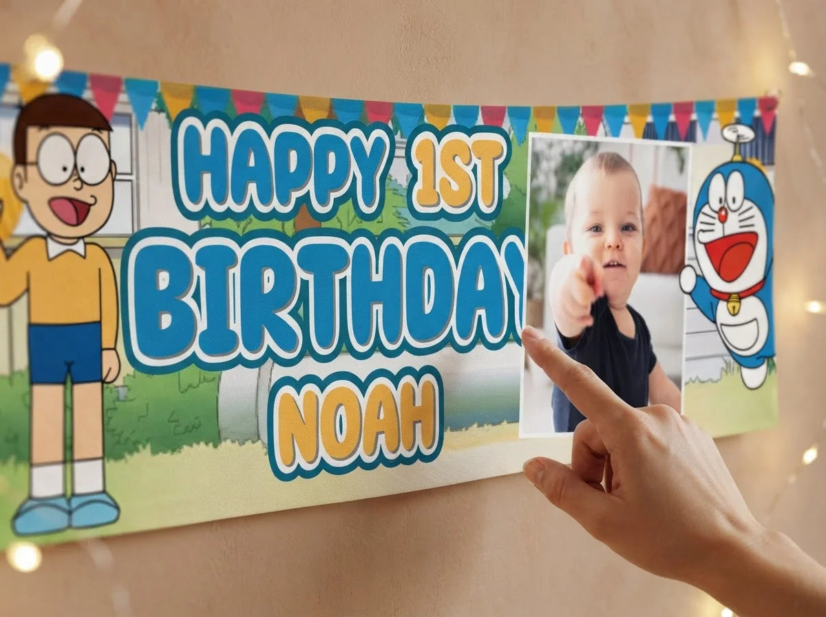 Close-up of the personalised name and photo printed on the Doraemon Birthday Banner