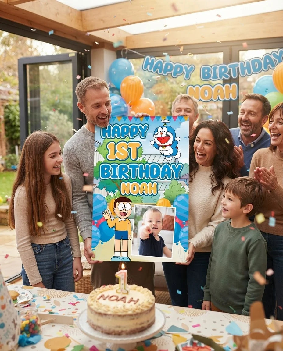 Friends and family celebrating with the personalised Doraemon Mega Card