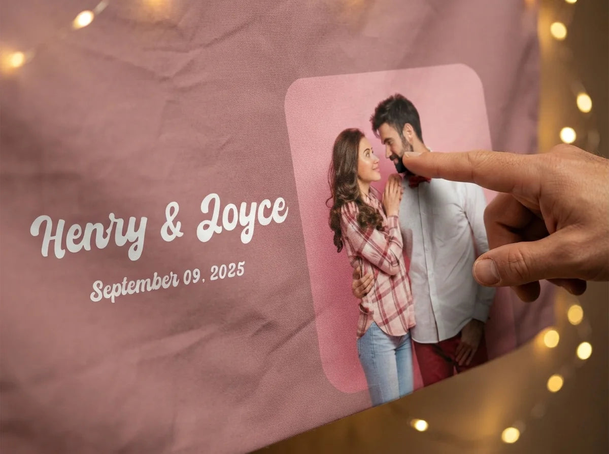Close-up of the personalised name and photo printed on the Elegant Dusty Pink Theme Wedding Banner