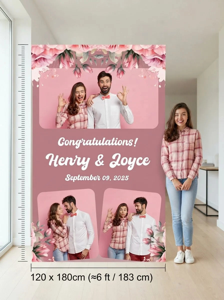 Person standing beside the Elegant Dusty Pink Theme Wedding Mega Card for scale in a size guide