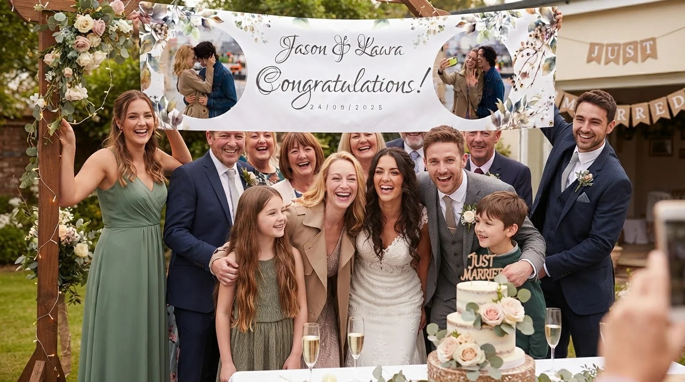 Friends and family celebrating with the personalised Fall Foliage Theme Wedding Banner