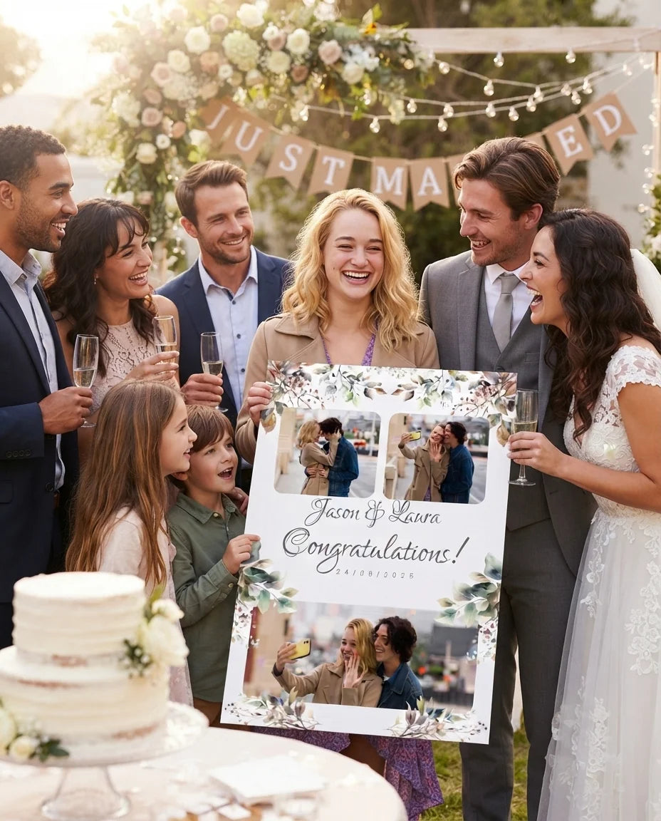 Friends and family celebrating with the personalised Fall Foliage Theme Wedding Mega Card