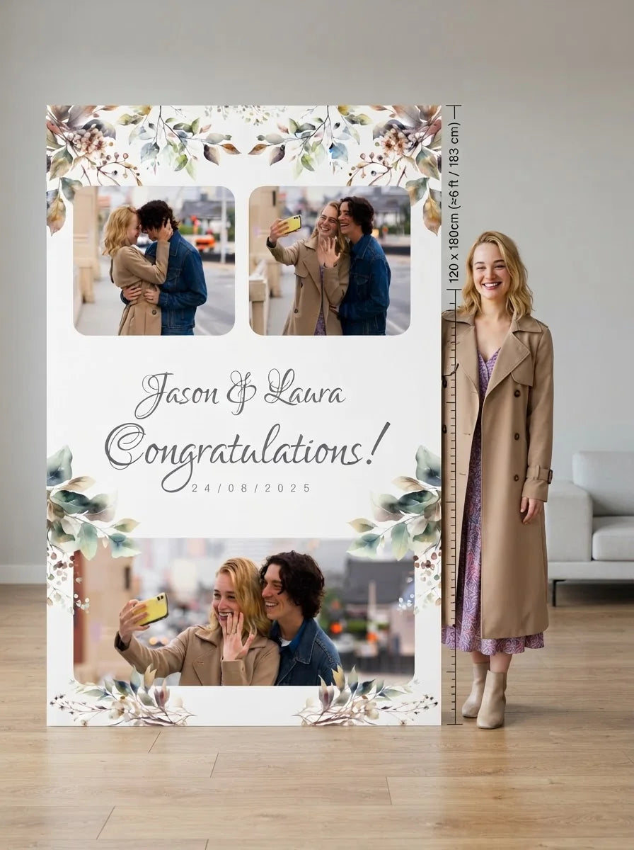 Person standing beside the Fall Foliage Theme Wedding Mega Card for scale in a size guide