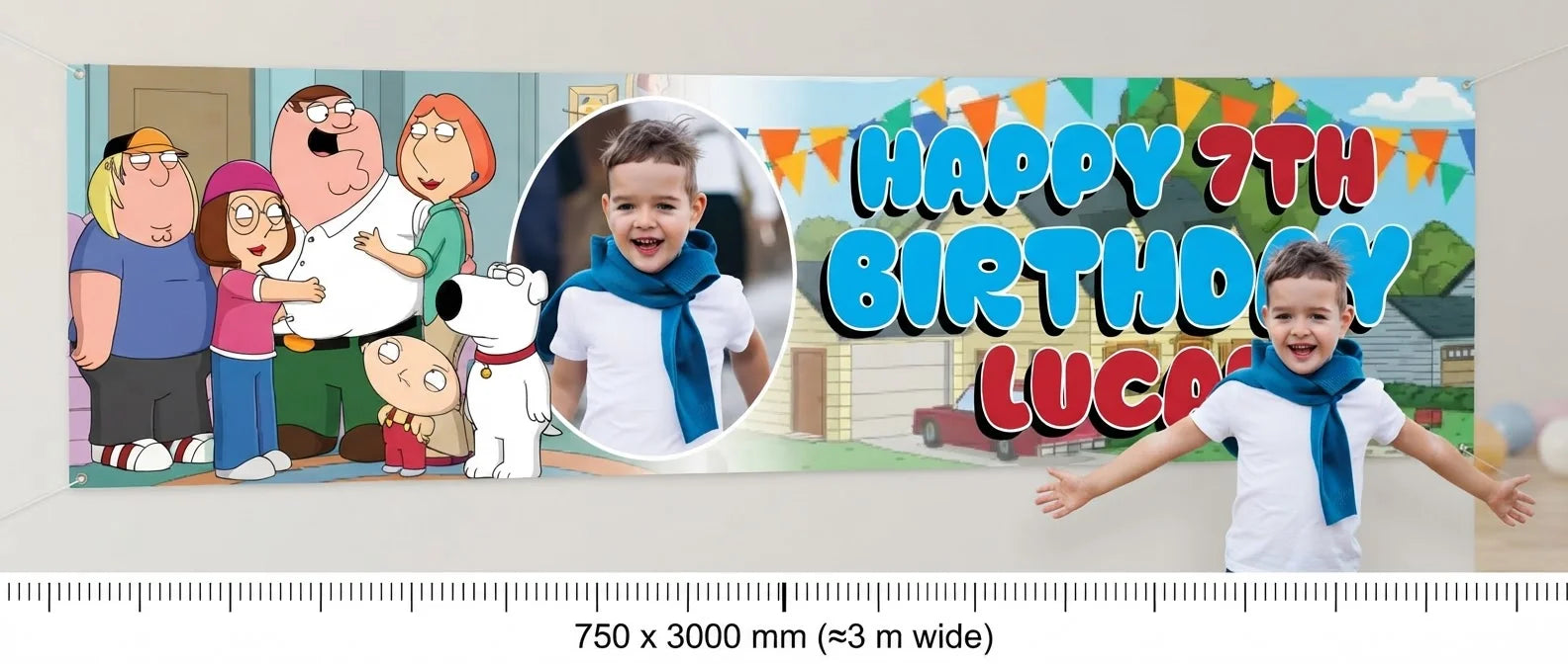 Person standing beside the Family Guy Birthday Banner for scale, with size guide showing 750 x 3000 mm