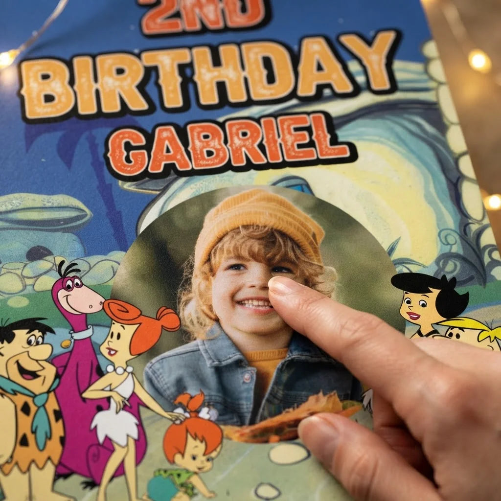 Close-up of the personalised name and photo printed on the Flintstones Mega Card
