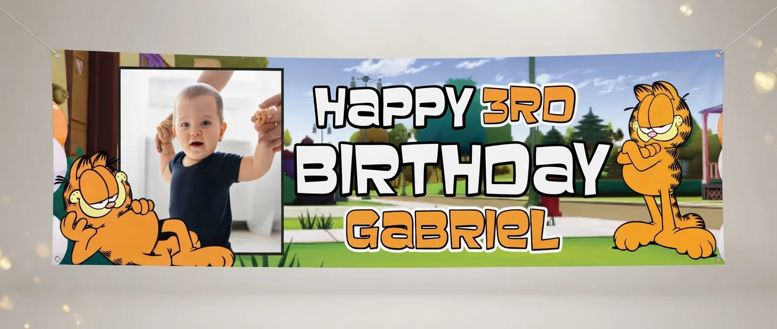 Personalised Garfield Birthday Banner displayed against a plain studio background