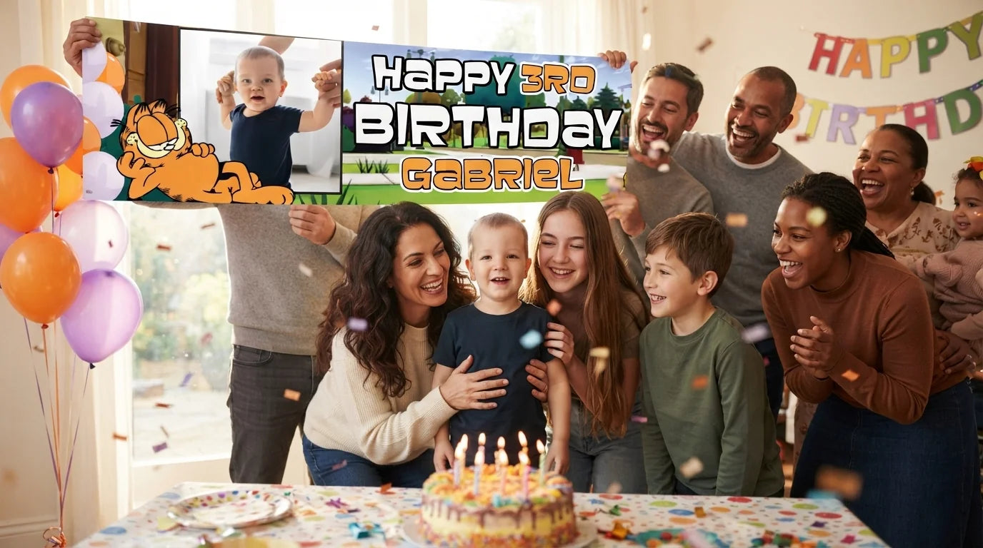 Friends and family celebrating with the personalised Garfield Birthday Banner