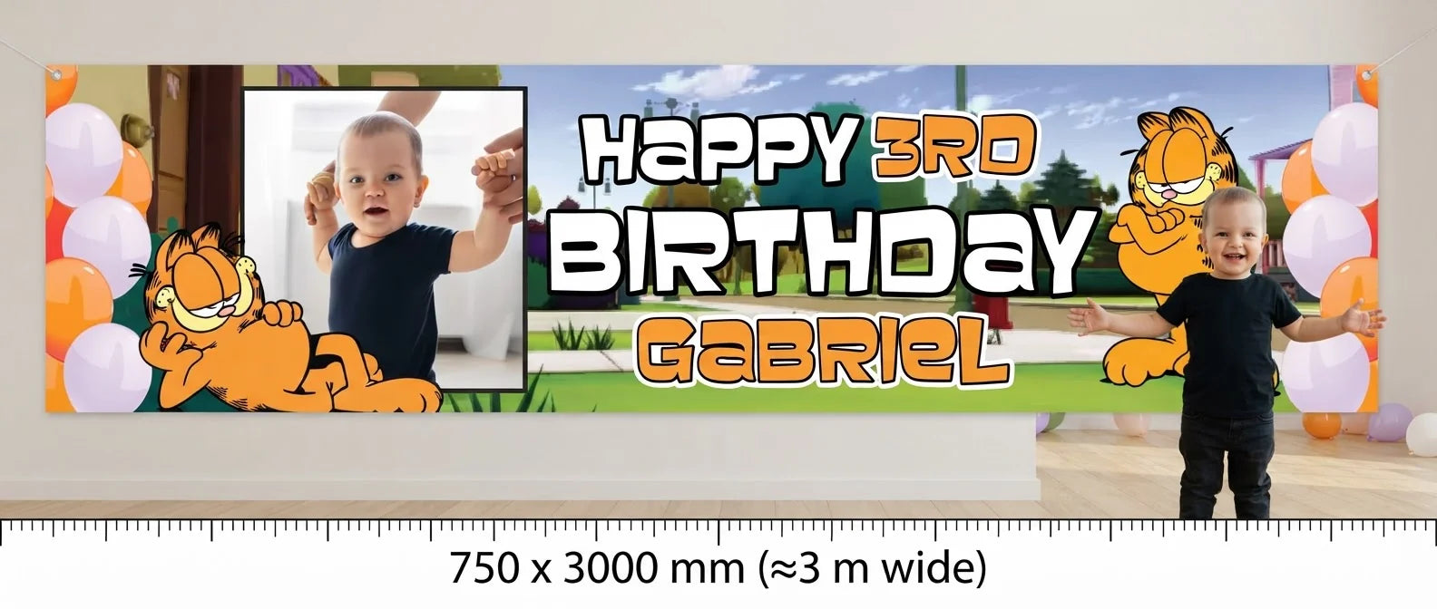 Person standing beside the Garfield Birthday Banner for scale, with size guide showing 750 x 3000 mm