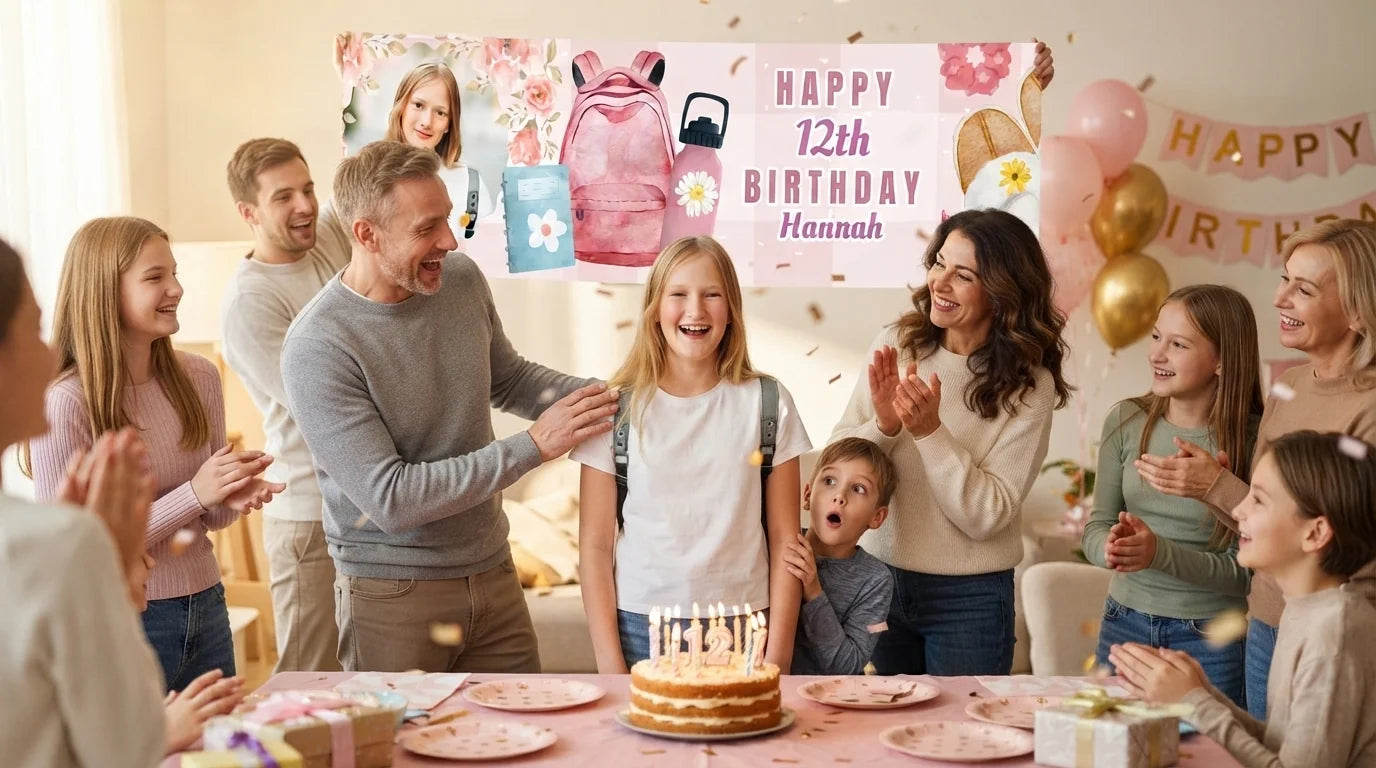 Friends and family celebrating with the personalised Girlhood Birthday Party Banner