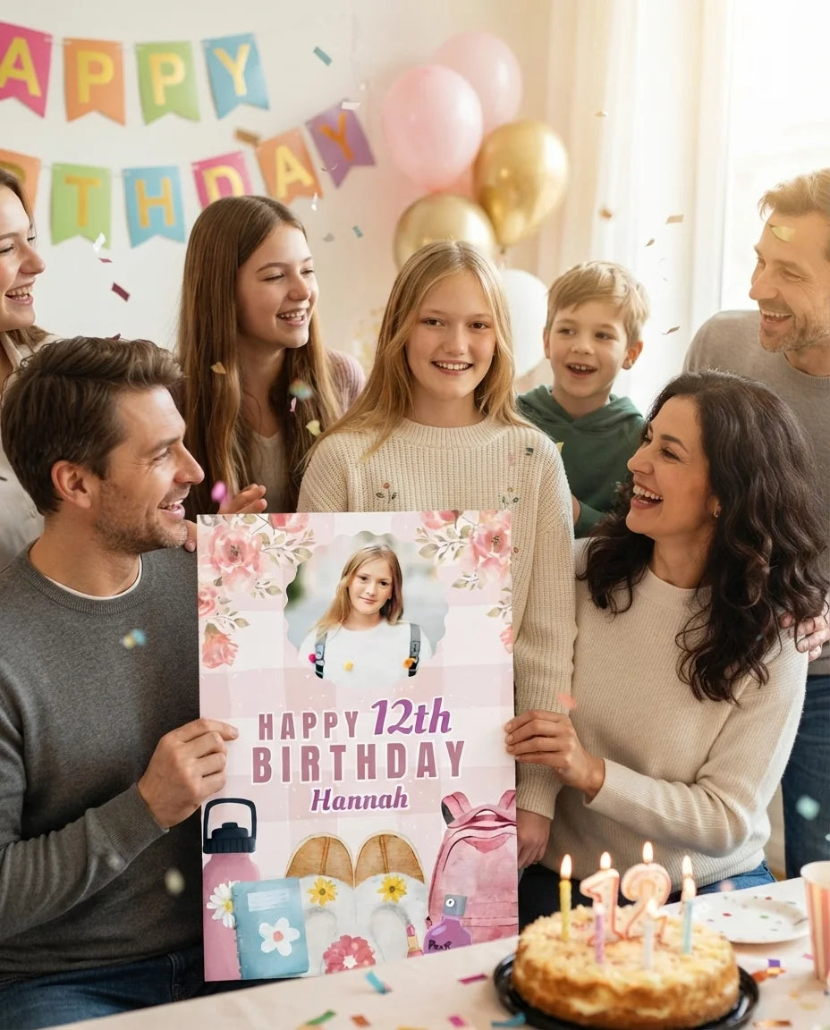 Friends and family celebrating with the personalised Girlhood Birthday Party Mega Card