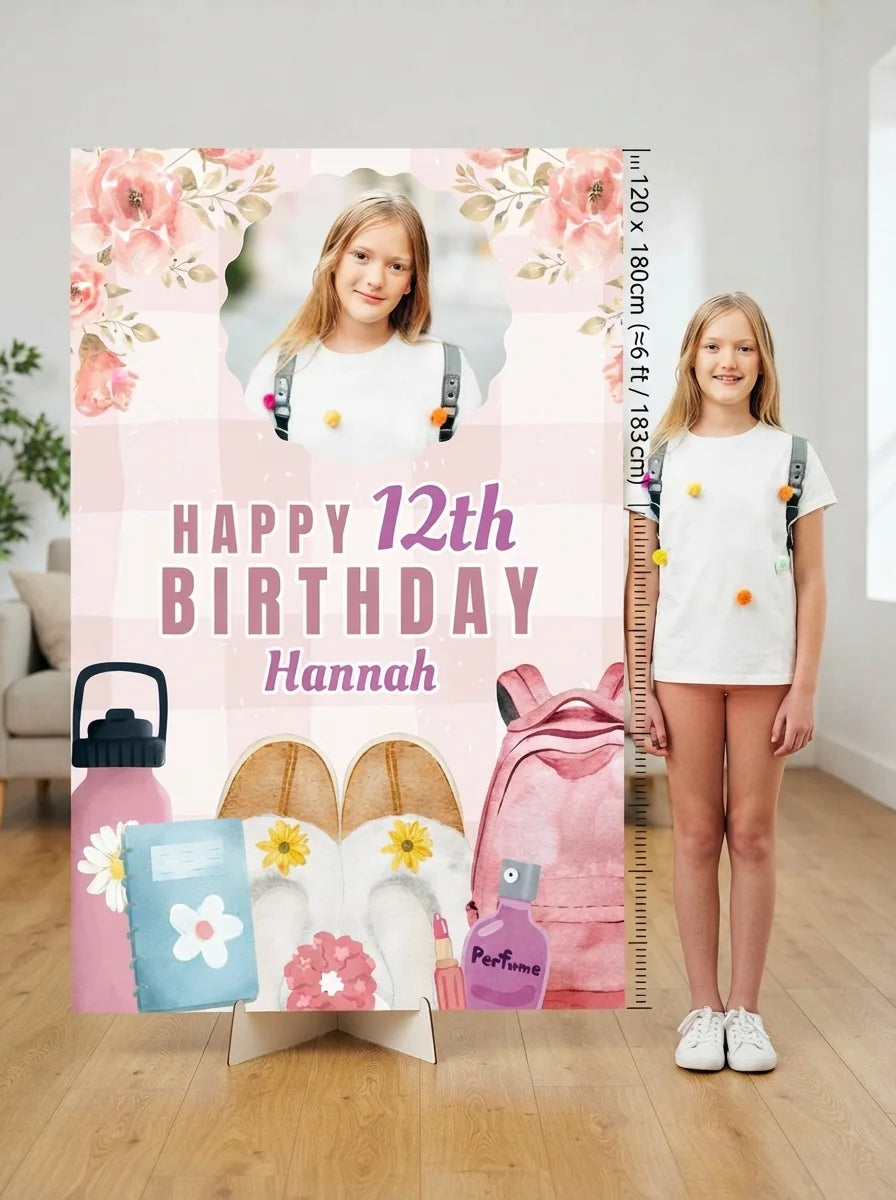 Person standing beside the Girlhood Birthday Party Mega Card for scale in a size guide