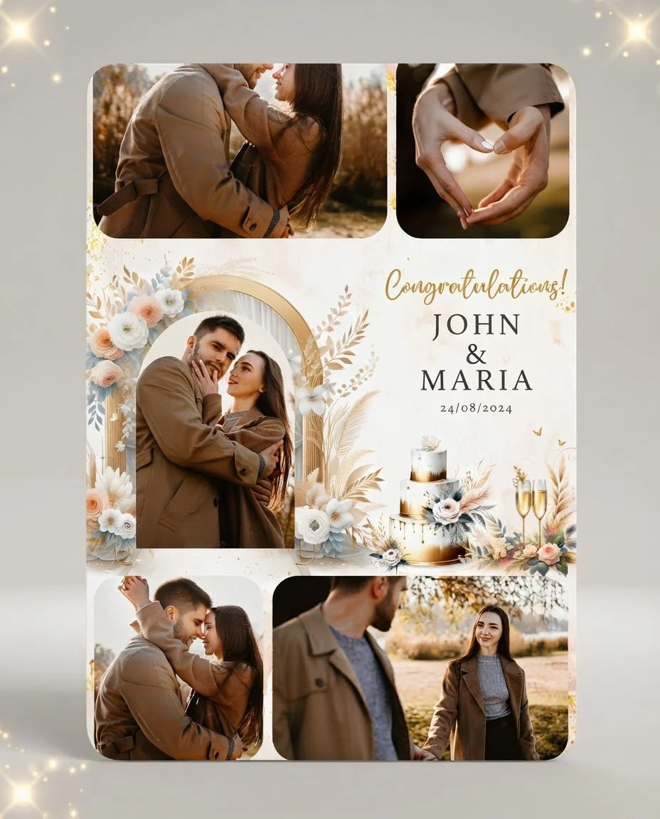 Personalised Gold Boho Theme Wedding Mega Card displayed against a plain studio background