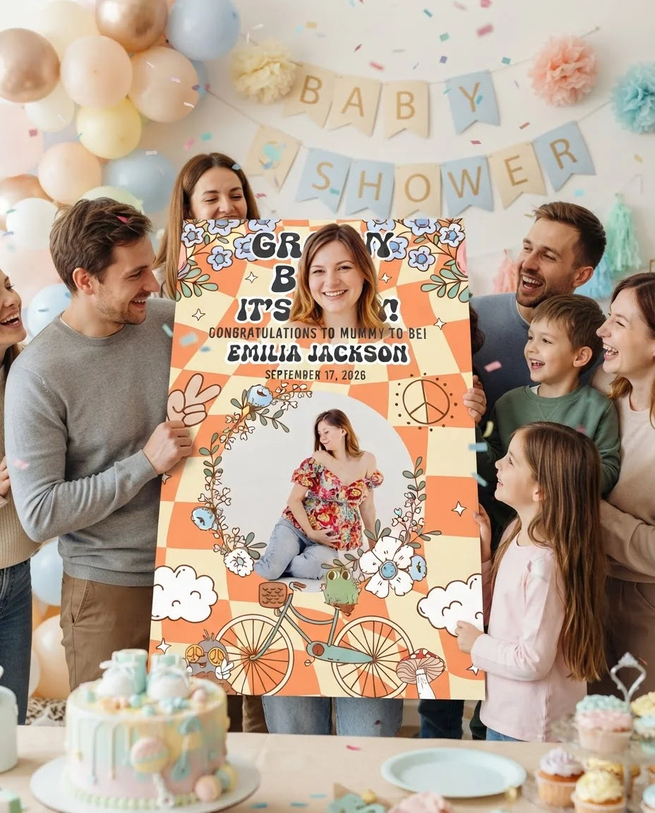 Friends and family celebrating with the personalised Groovy Baby Boy Baby Shower Party Mega Card