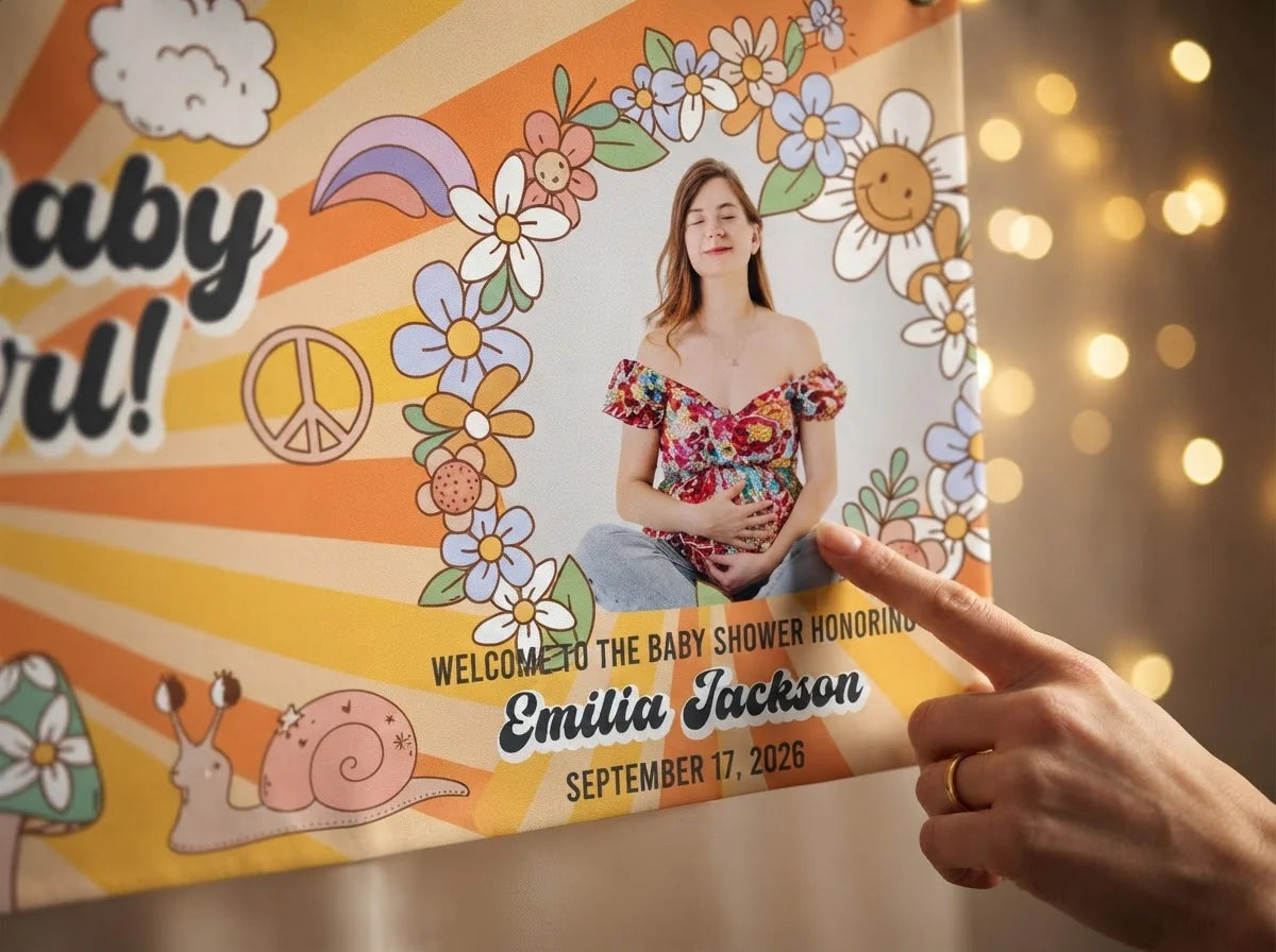 Close-up of the personalised name and photo printed on the Groovy Baby Girl Baby Shower Party Banner