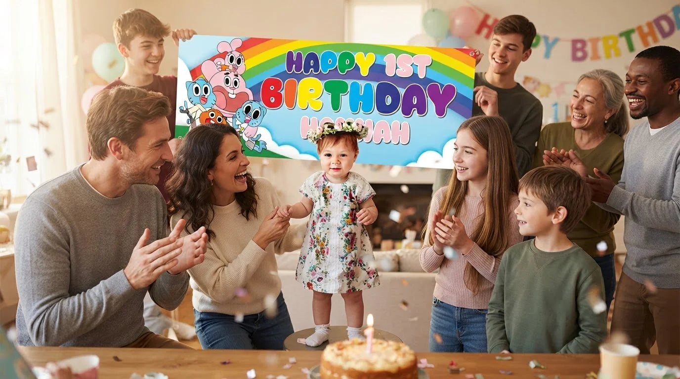 Friends and family celebrating with the personalised Gumball Birthday Banner