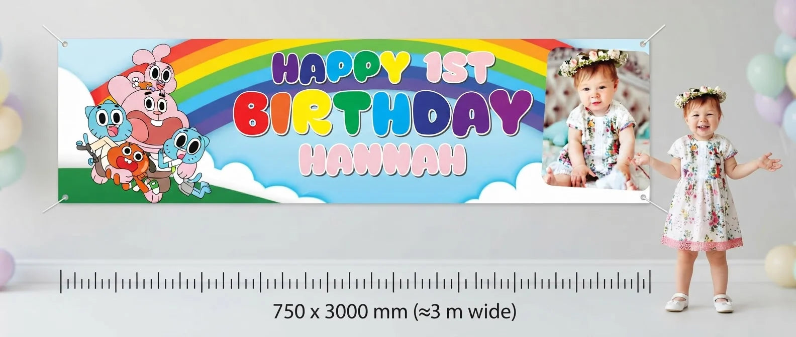 Person standing beside the Gumball Birthday Banner for scale, with size guide showing 750 x 3000 mm
