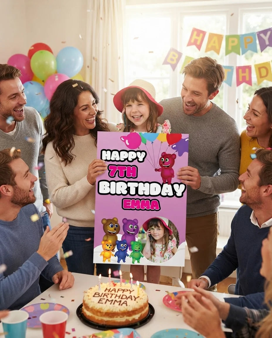 Friends and family celebrating with the personalised Gummy Bear Mega Card