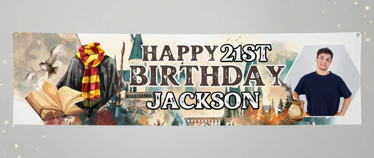Personalised Harry Potter Wizarding World Birthday Party Banner displayed against a plain studio background