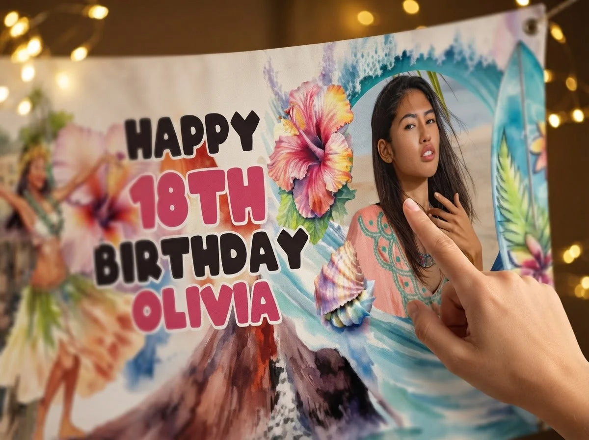 Close-up of the personalised name and photo printed on the Hawaiian Girl Theme Birthday Party Banner