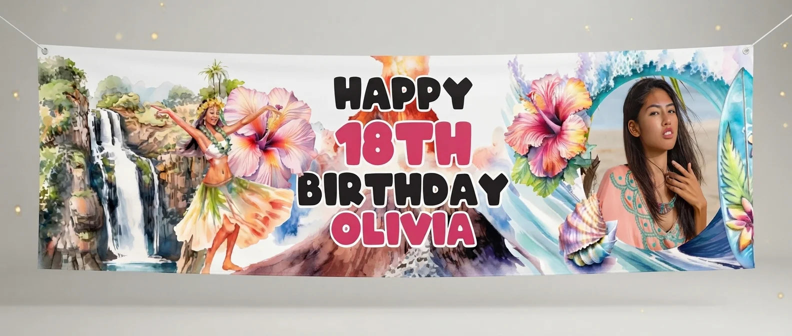 Personalised Hawaiian Girl Theme Birthday Party Banner displayed against a plain studio background