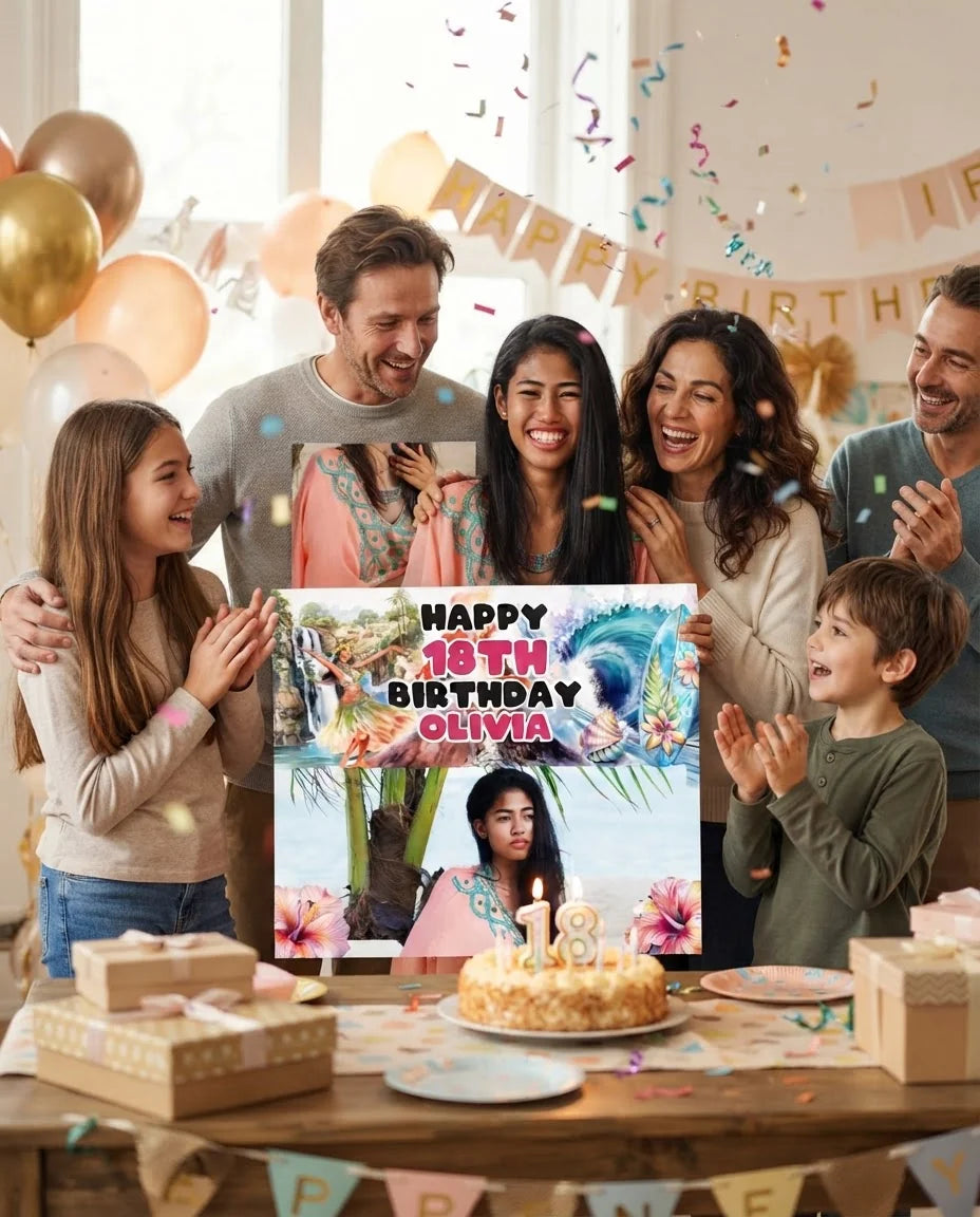Friends and family celebrating with the personalised Hawaiian Girl Theme Birthday Party Mega Card