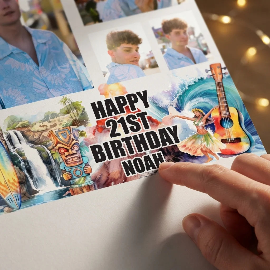 Close-up of the personalised name and photo printed on the Hawaiian Theme Birthday Party Mega Card