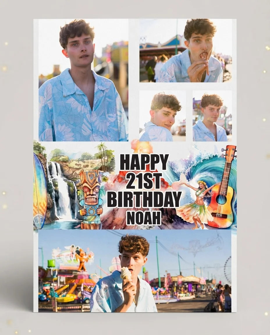 Personalised Hawaiian Theme Birthday Party Mega Card displayed against a plain studio background