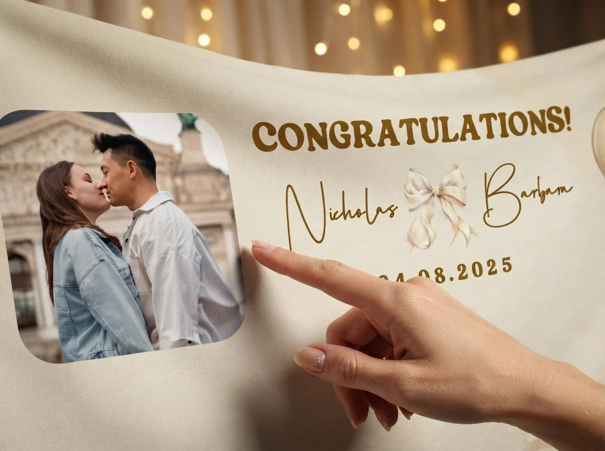 Close-up of the personalised name and photo printed on the Heart Balloon Wedding Banner