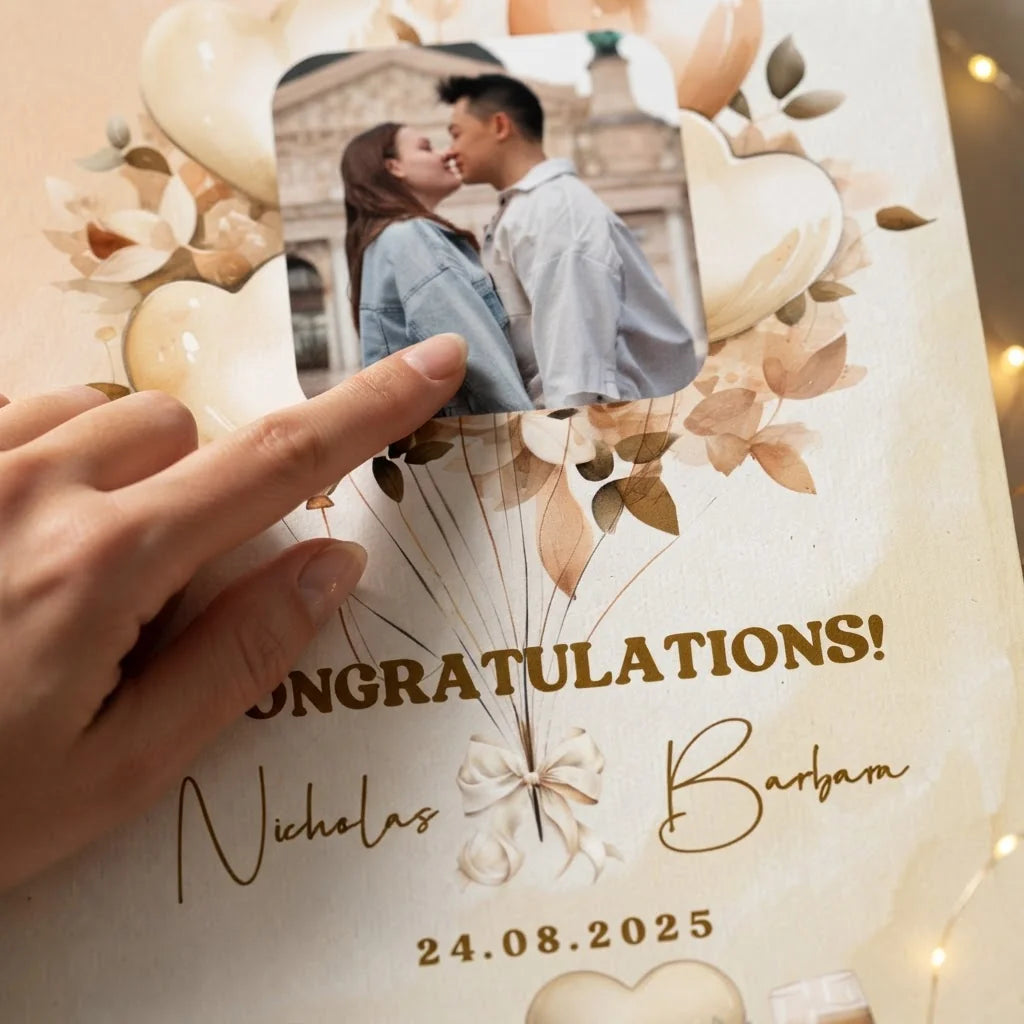 Close-up of the personalised name and photo printed on the Heart Balloon Wedding Mega Card