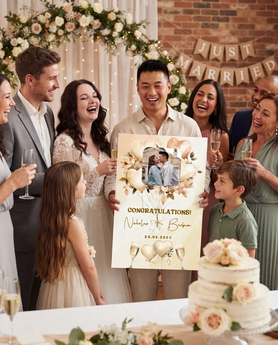 Friends and family celebrating with the personalised Heart Balloon Wedding Mega Card