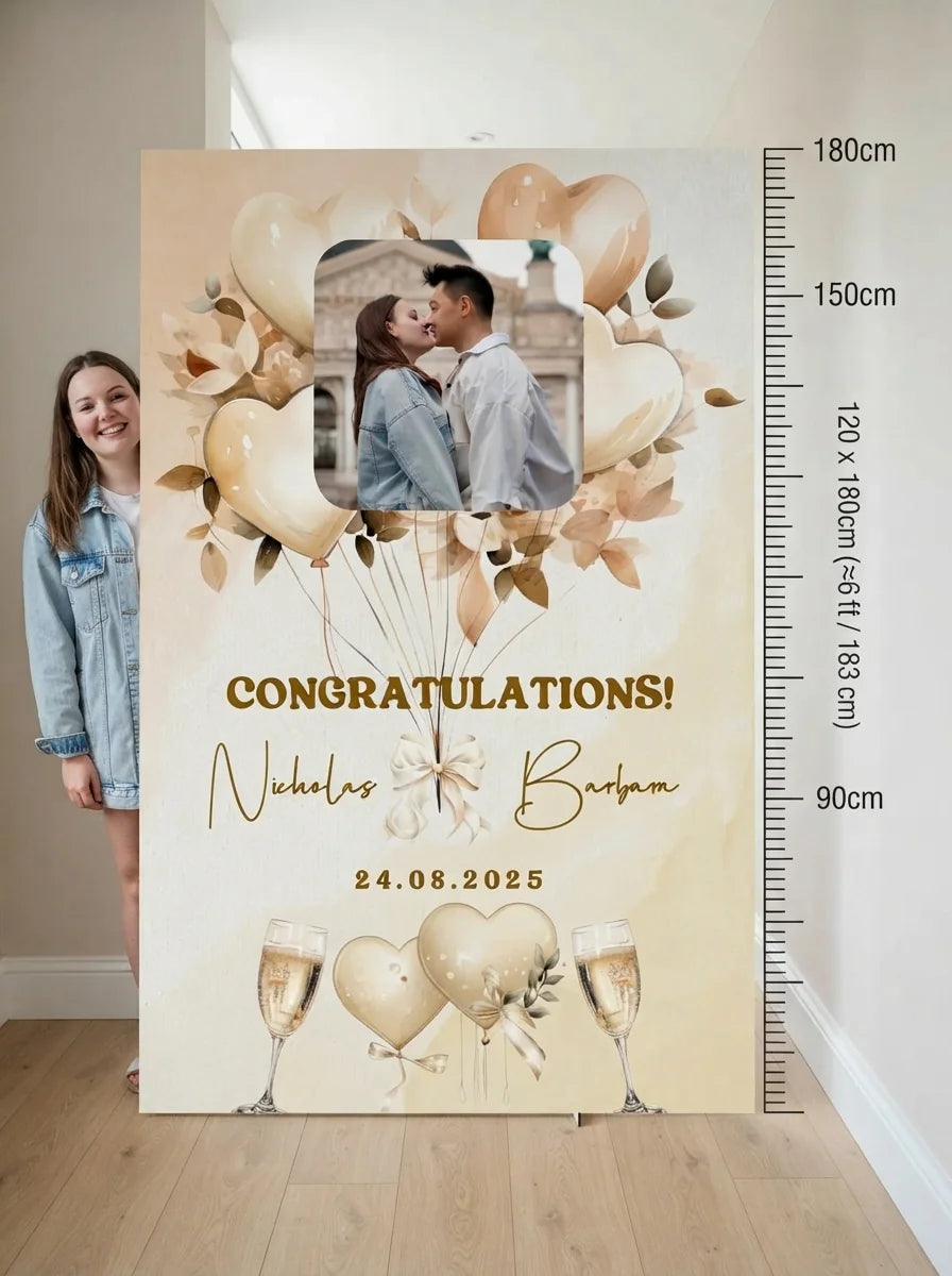 Person standing beside the Heart Balloon Wedding Mega Card for scale in a size guide