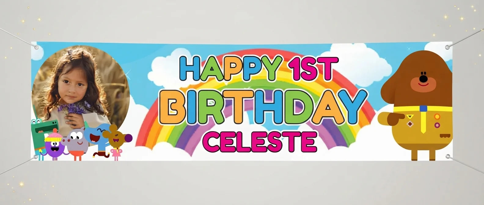Personalised Hey Duggee Birthday Banner displayed against a plain studio background