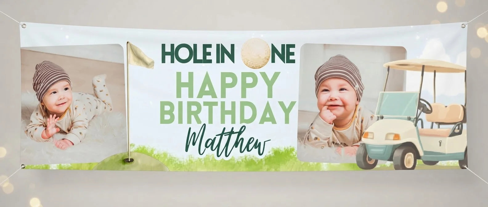 Personalised Hole in One Birthday Party Banner displayed against a plain studio background