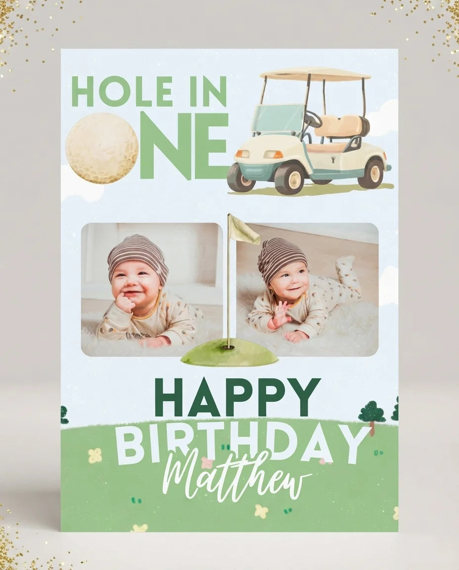 Personalised Hole in One Birthday Party Mega Card displayed against a plain studio background