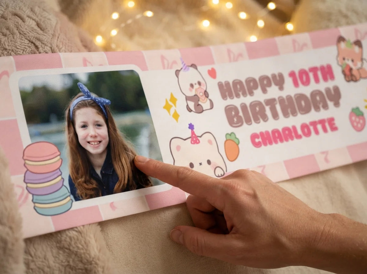 Close-up of the personalised name and photo printed on the Kawaii Birthday Party Banner