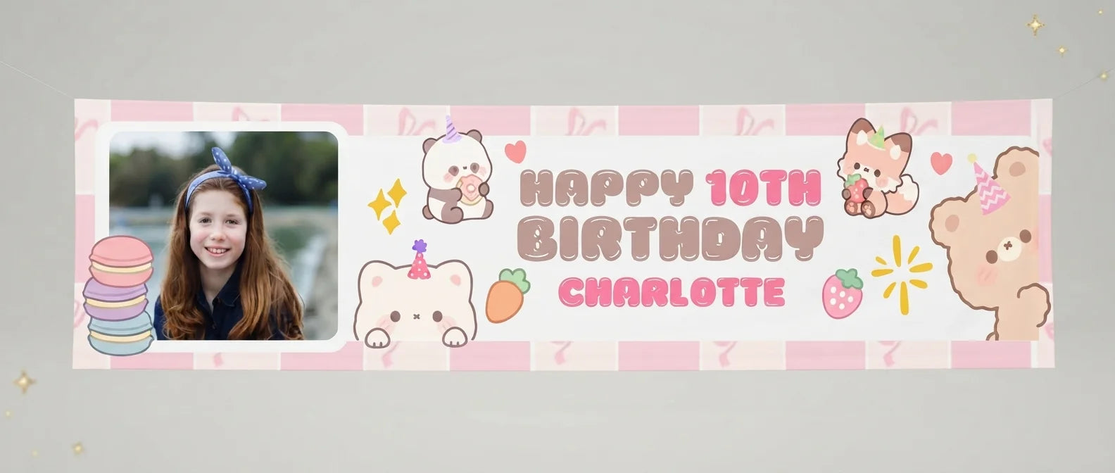 Personalised Kawaii Birthday Party Banner displayed against a plain studio background
