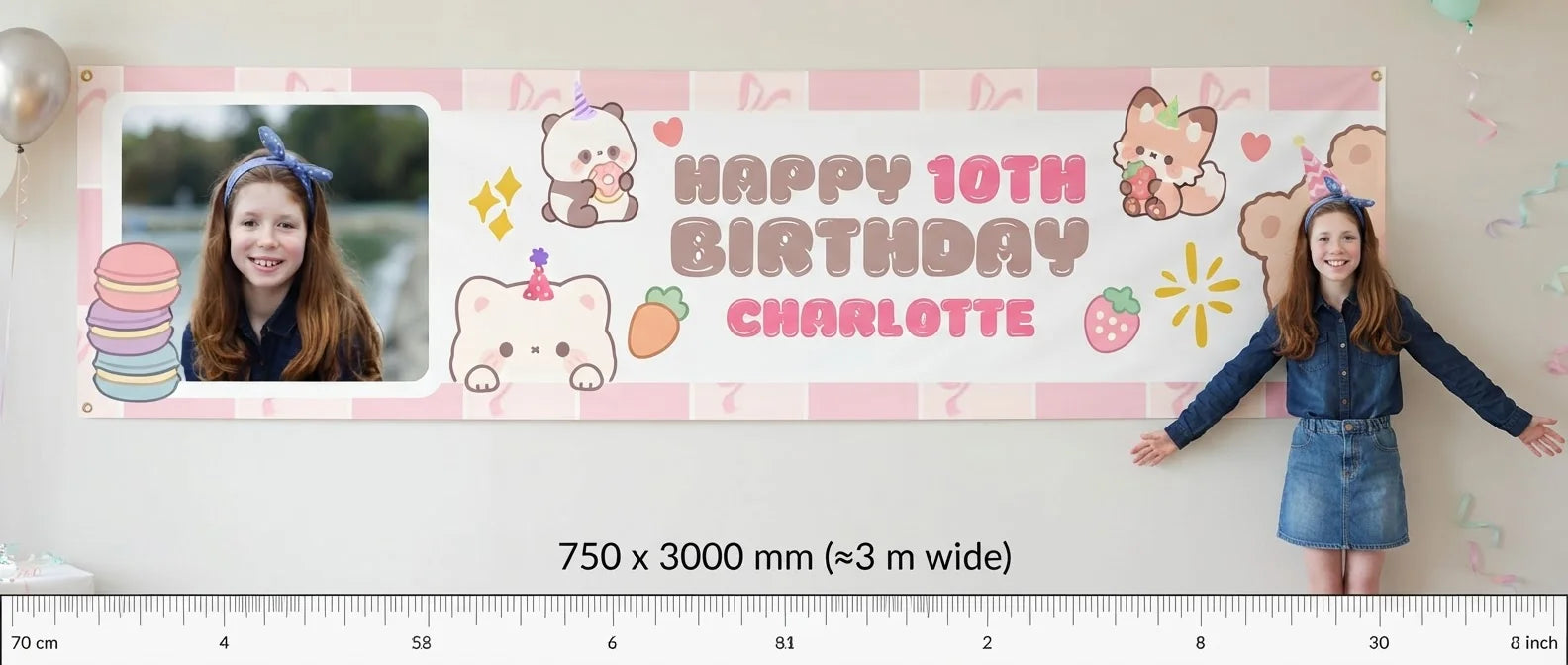Person standing beside the Kawaii Birthday Party Banner for scale, with size guide showing 750 x 3000 mm